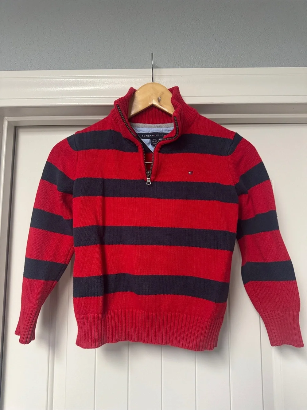 Tommy Hilfiger Red & Navy Striped Half-Zip Knit Sweater
